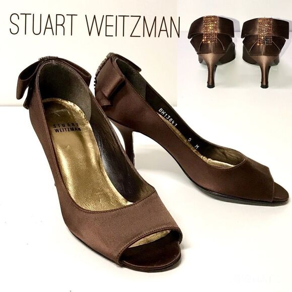 Stuart Weitzman Chocolate Brown Peeptoe Heels sz 5 - Picture 1 of 7
